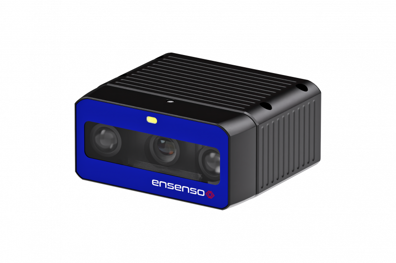 Ensenso 3D camera in a black aluminum profile with a white illumination surface and a projector in the middle, encased in a tube.